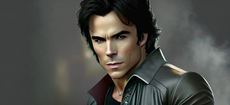 Male character with dark hair in leather jacket on smoky background