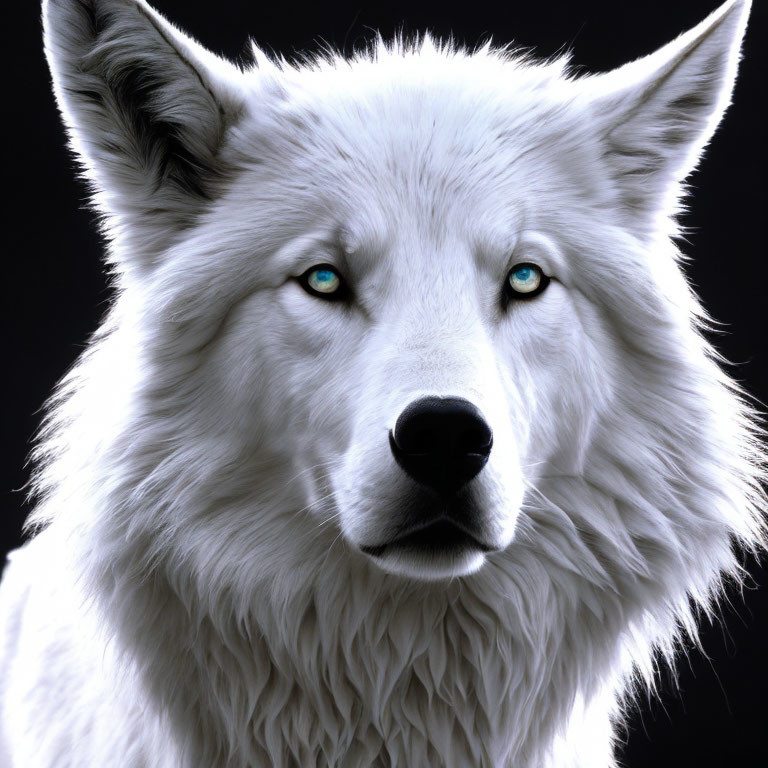 White wolf with blue eyes on dark background