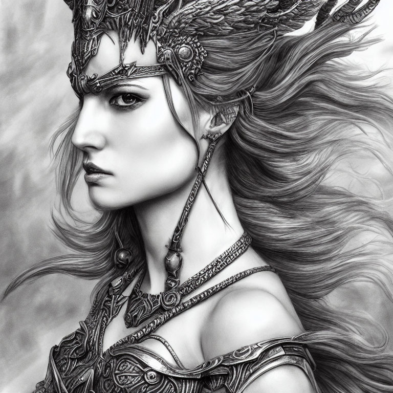 Monochrome illustration of woman in fantasy armor with flowing hair