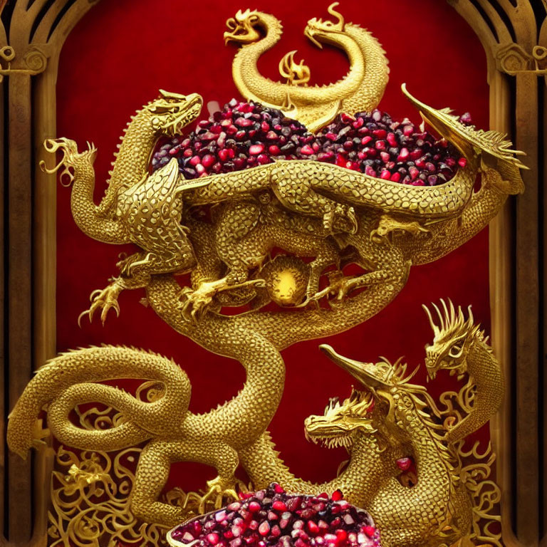 Golden Dragon Sculpture Encircles Red Gemstones in Ornate Alcove