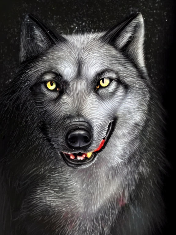 Grey wolf digital painting with yellow eyes and grin on dark textured background