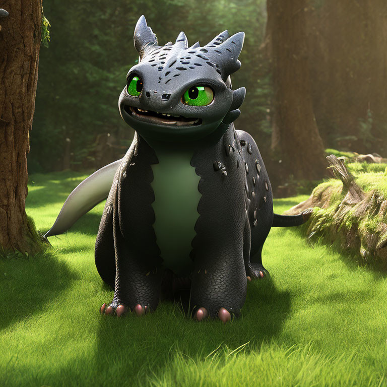 Animated Dragon with Green Eyes and Black Scales in Sunlit Forest