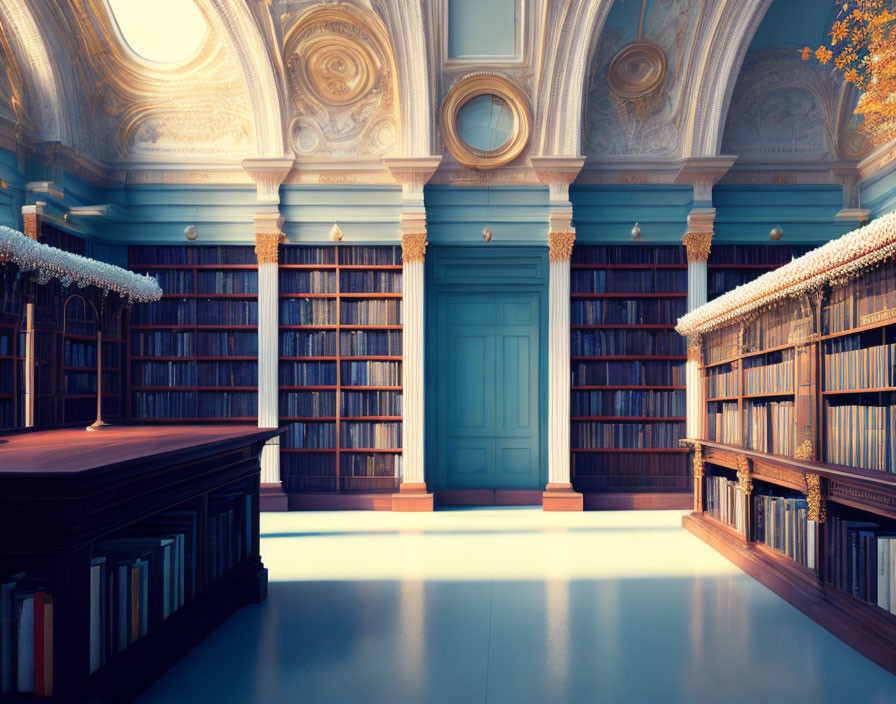 Luxurious library with ornate ceilings, grand desk, filled bookshelves, and blue door.