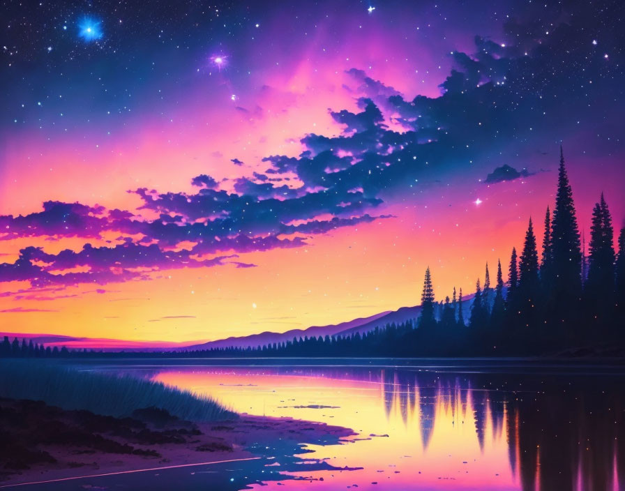 Scenic sunset over calm lake with purple and pink hues