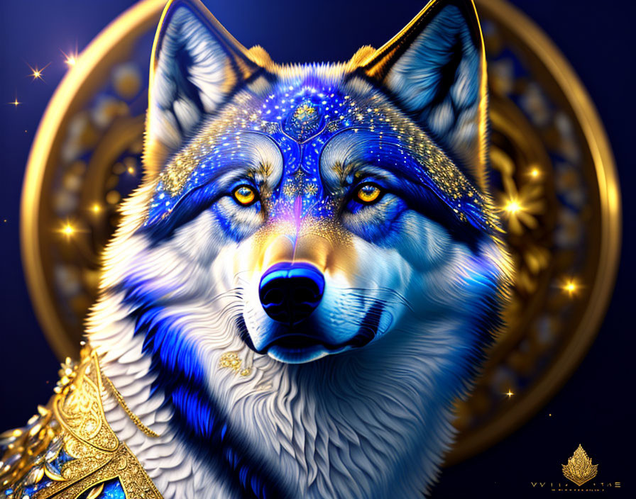 Blue-eyed wolf with golden ornaments on dark blue background