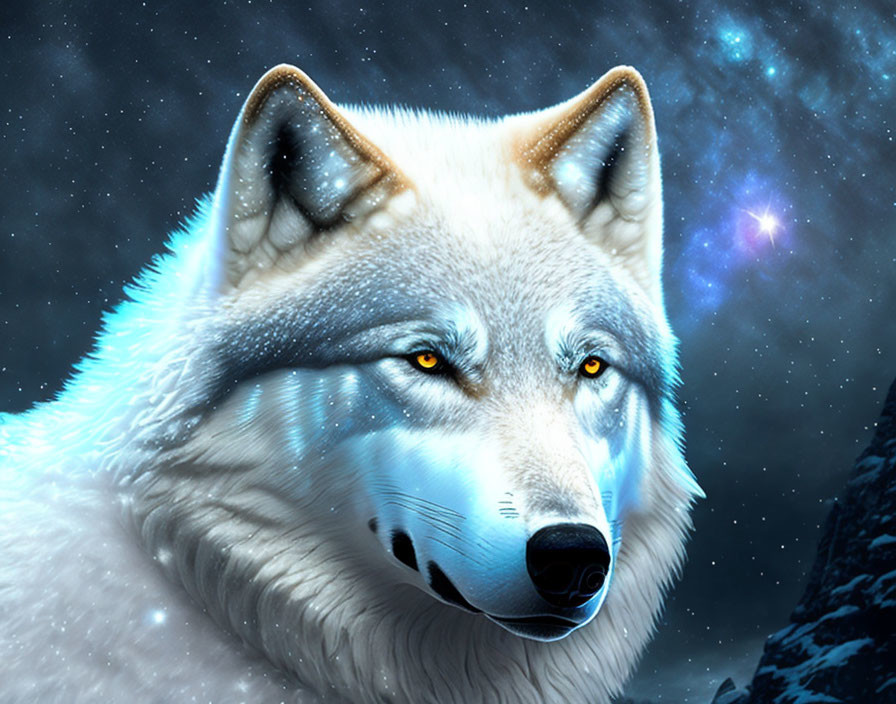 White wolf digital artwork with glowing yellow eyes on starry night sky.