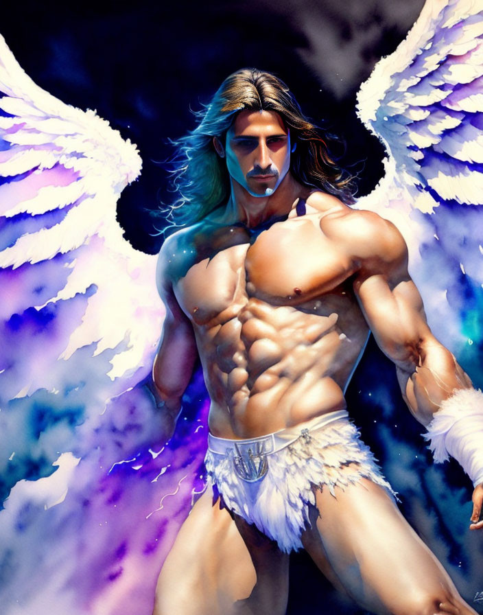 Muscular male figure with angelic wings in cosmic setting