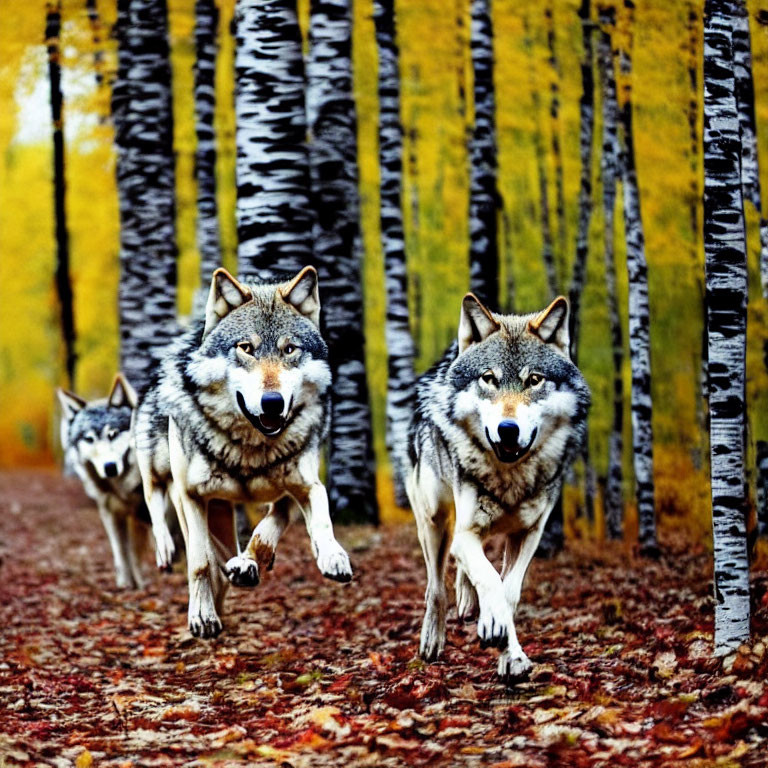 Group of wolves running in autumn birch forest