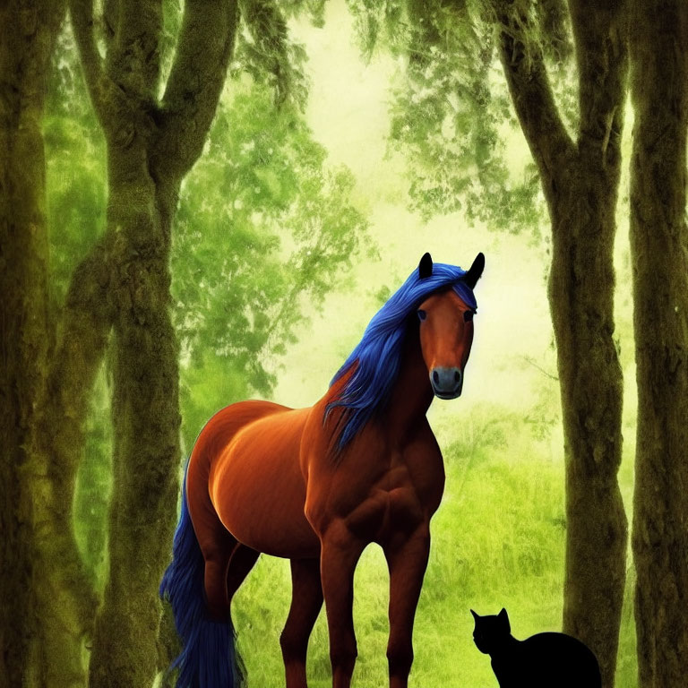 Illustration of chestnut horse with blue mane in mystical forest with black cat.