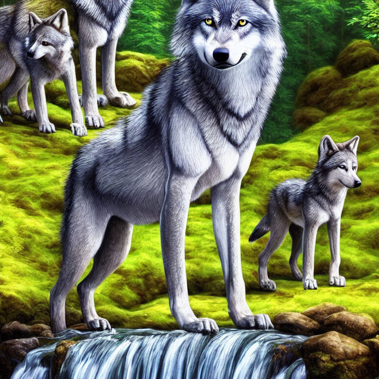 Illustrated wolves in vibrant forest setting with dominant wolf upfront by stream