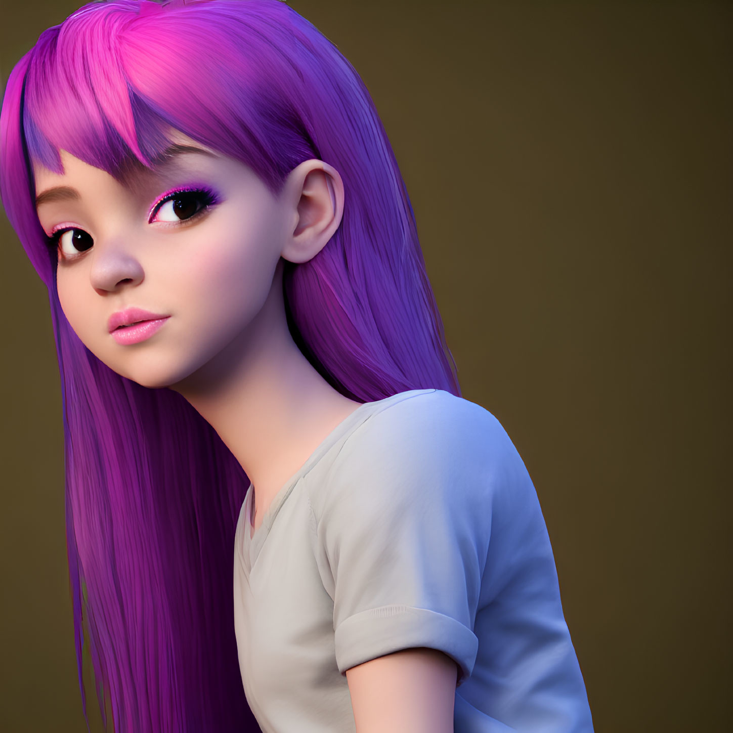 Female character 3D animation: vibrant purple hair, expressive eyes, subtle smile, pale blue top