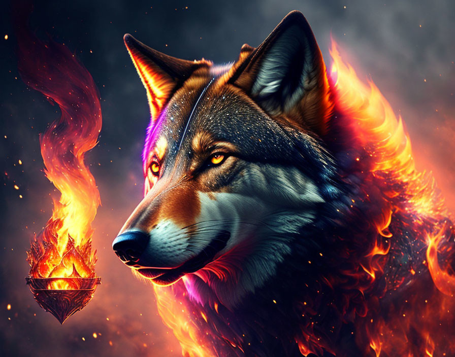 Digitally-enhanced wolf surrounded by flames and fiery orb on starry night background