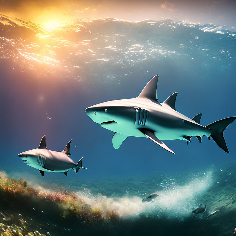 Underwater image of two sharks with sun rays shining through.