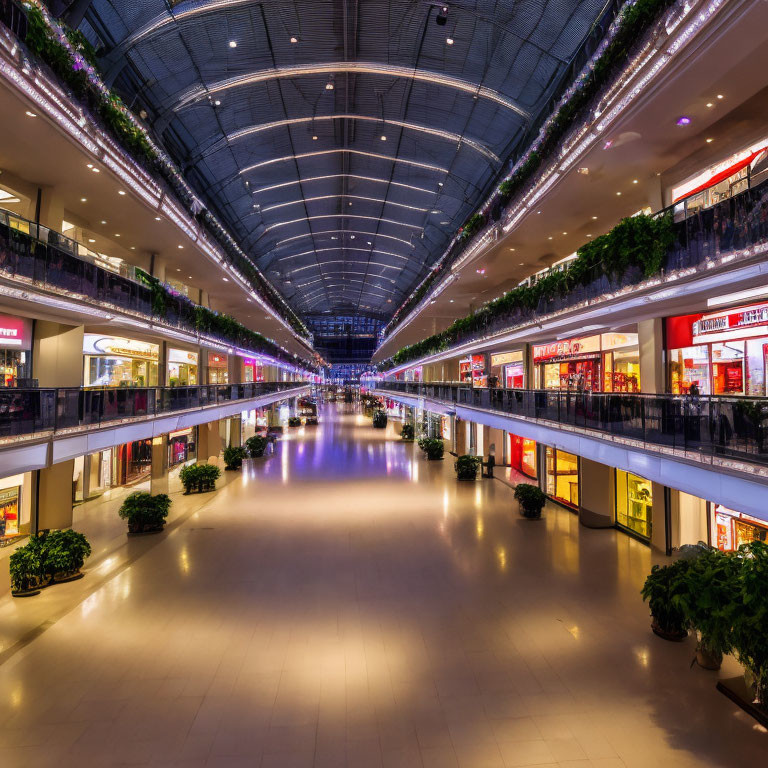 Brightly Lit Three-Level Shopping Mall with Glass Ceiling & Retail Stores