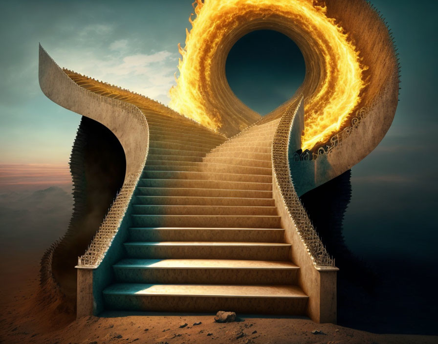 Surreal desert scene with staircase and flaming portal