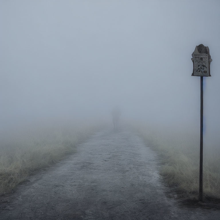 Foggy path with silhouette and weathered signpost