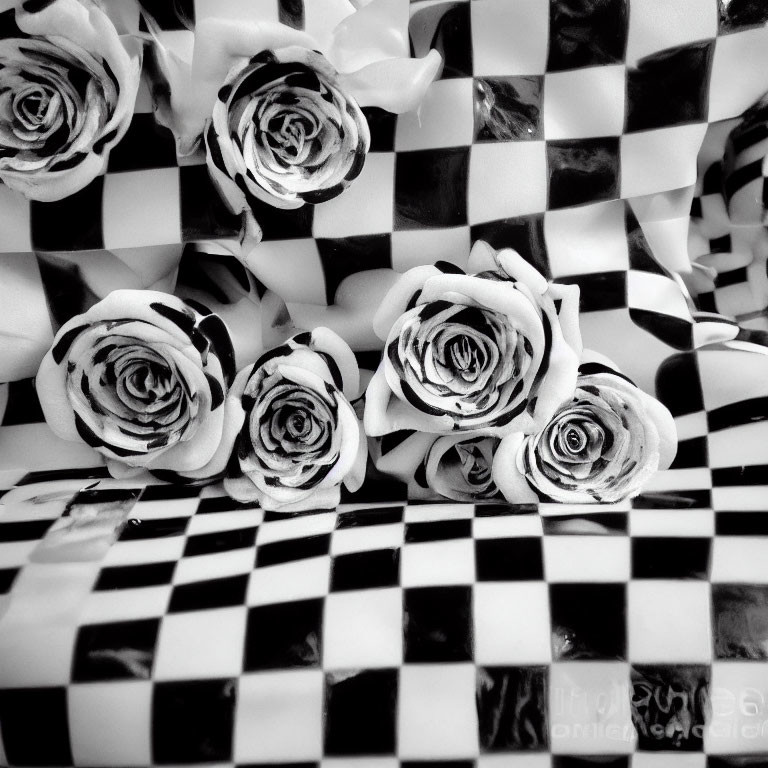 Monochrome roses with painted petals on checkered background