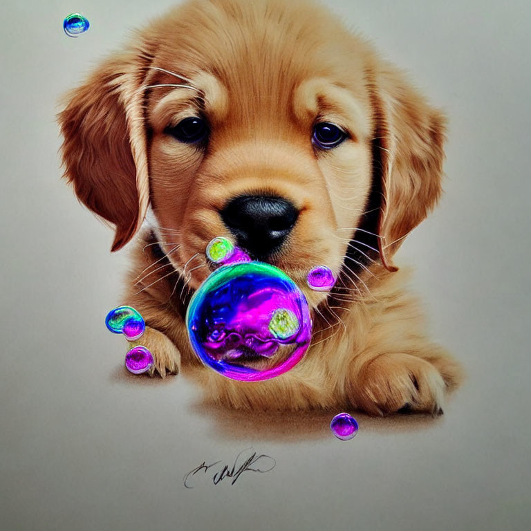 Adorable golden retriever puppy watching soap bubbles on gray background