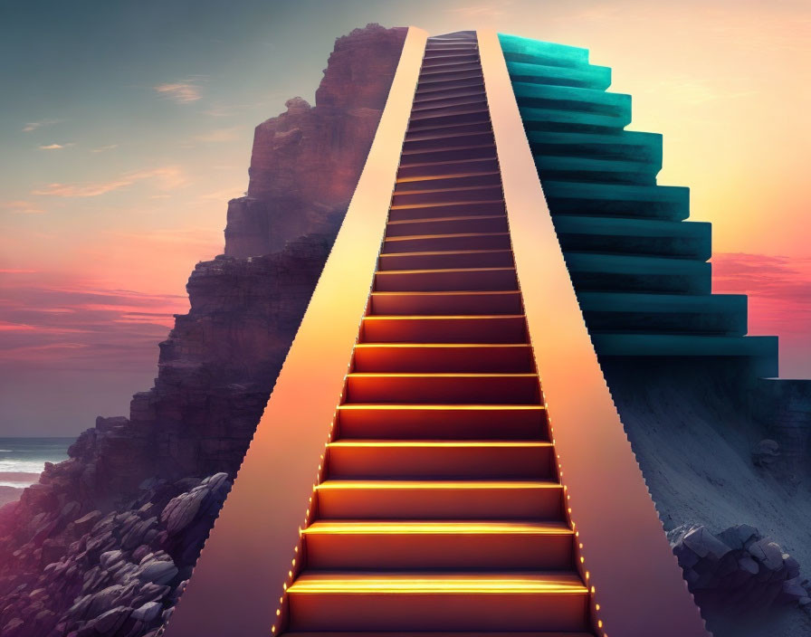 Illuminated staircase with warm and cool lighting against vibrant sunset