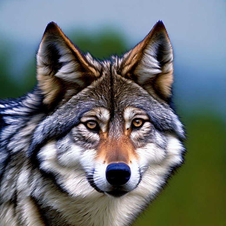 Detailed Close-Up of Wolf with Piercing Eyes and Multicolored Fur