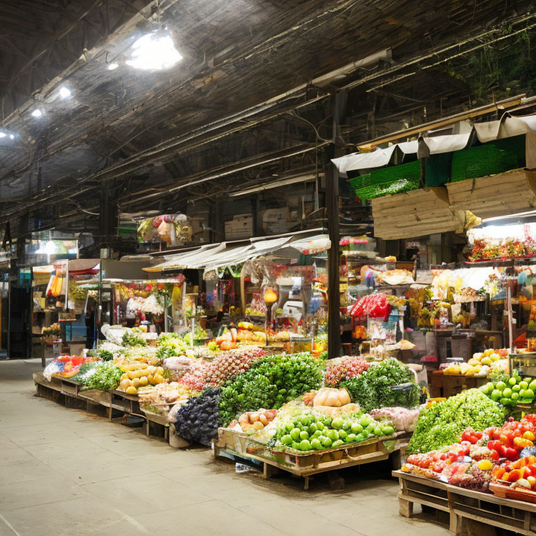 Vibrant indoor market with fresh fruits and vegetables under bright lights