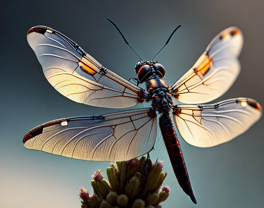 Intricate dragonfly on flower bud with glowing backlight