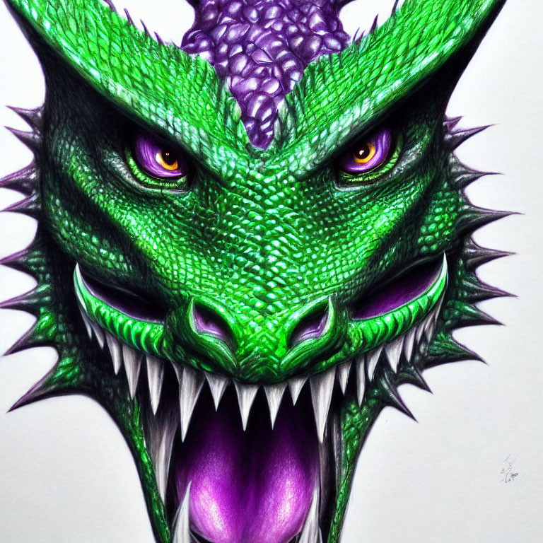 Detailed Illustration: Green Dragon Head with Purple Eyes, Sharp Teeth, Scales