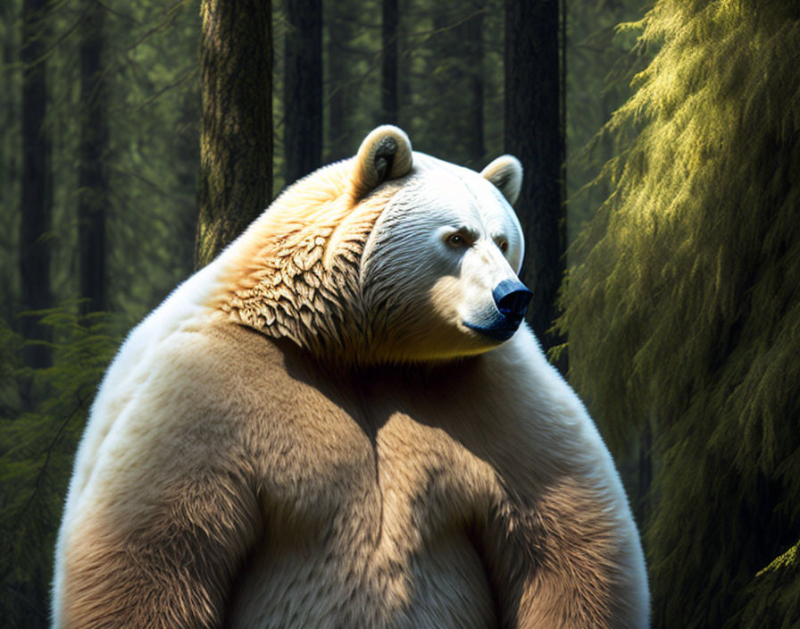 White bear with thick fur in sunlit forest clearing