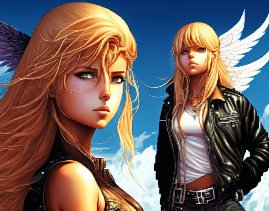 Stylized female figures with angelic wings and golden hair against a blue sky.