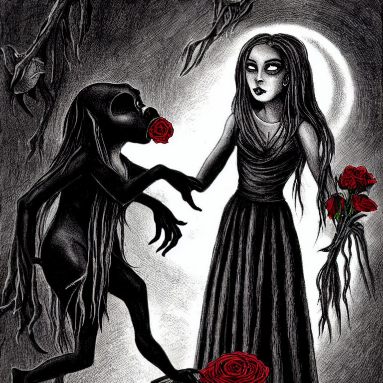 Gothic-style illustration of creepy creature offering red rose to pale woman under lunar halo