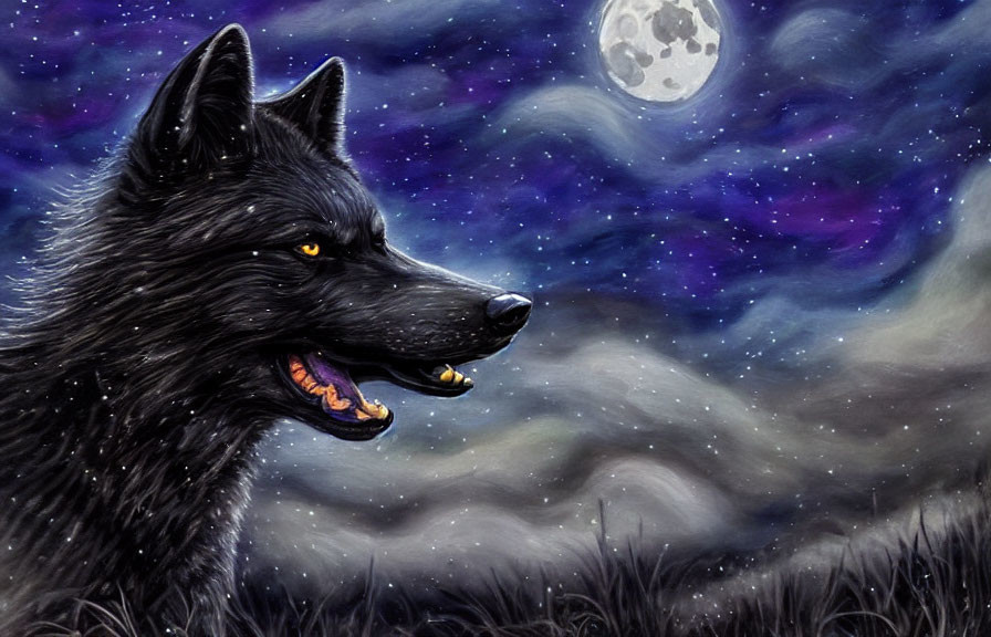 Black Wolf Profile Against Moonlit Night Sky with Stars