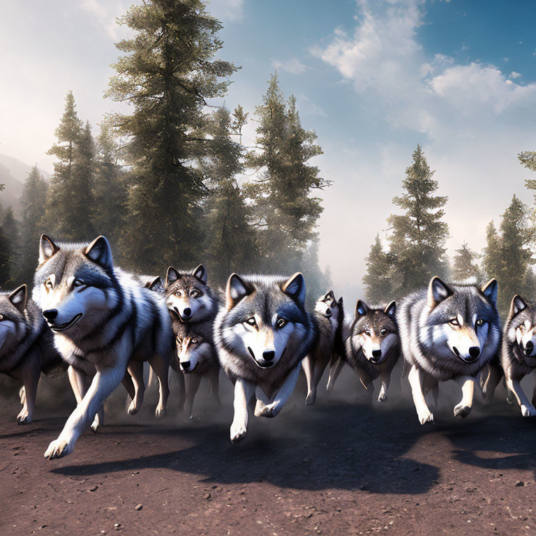 Animated grey and white wolves running in misty forest scene