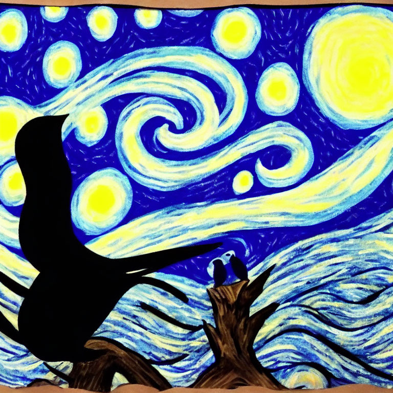 Silhouette of bird on branch in Van Gogh-inspired background