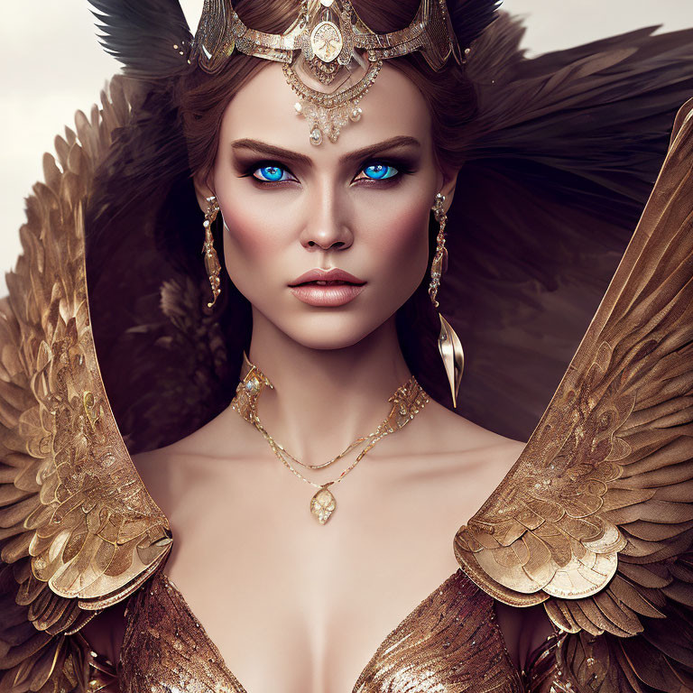 Digital art portrait of a woman with blue eyes and golden jewelry, exuding ethereal aura