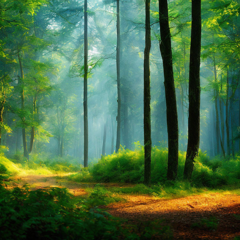 Verdant forest with sunlight filtering through trees