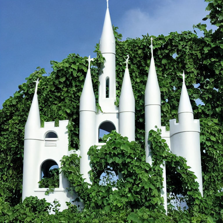 White Castle with Pointed Turrets Covered in Ivy Against Blue Sky