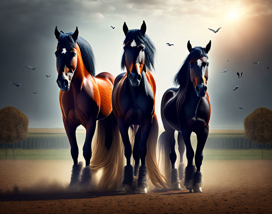 Majestic horses under dramatic sky with birds and dust trail