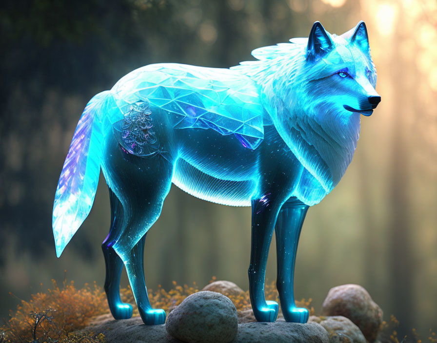 Translucent Blue Glowing Wolf with Geometric Patterns in Forest