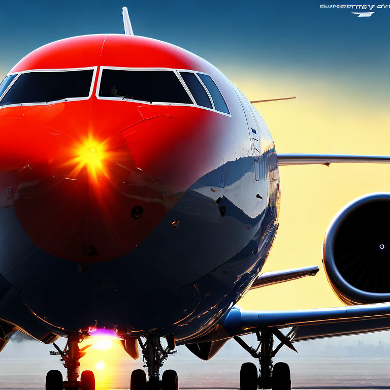 Commercial Airplane Sunset View with Visible Engines and Sun Reflection