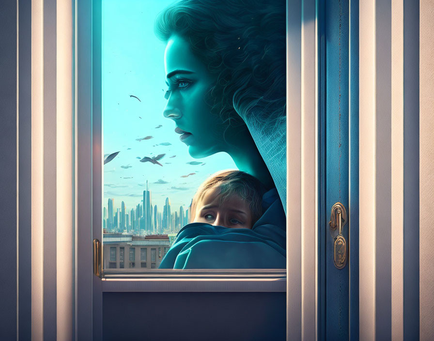 Woman and child embrace by window, futuristic cityscape with flying birds, woman's face glowing blue