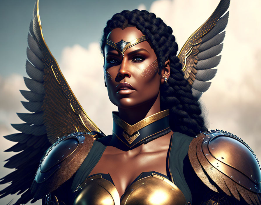 Golden-armored female warrior with winged helmet in cloudy sky.