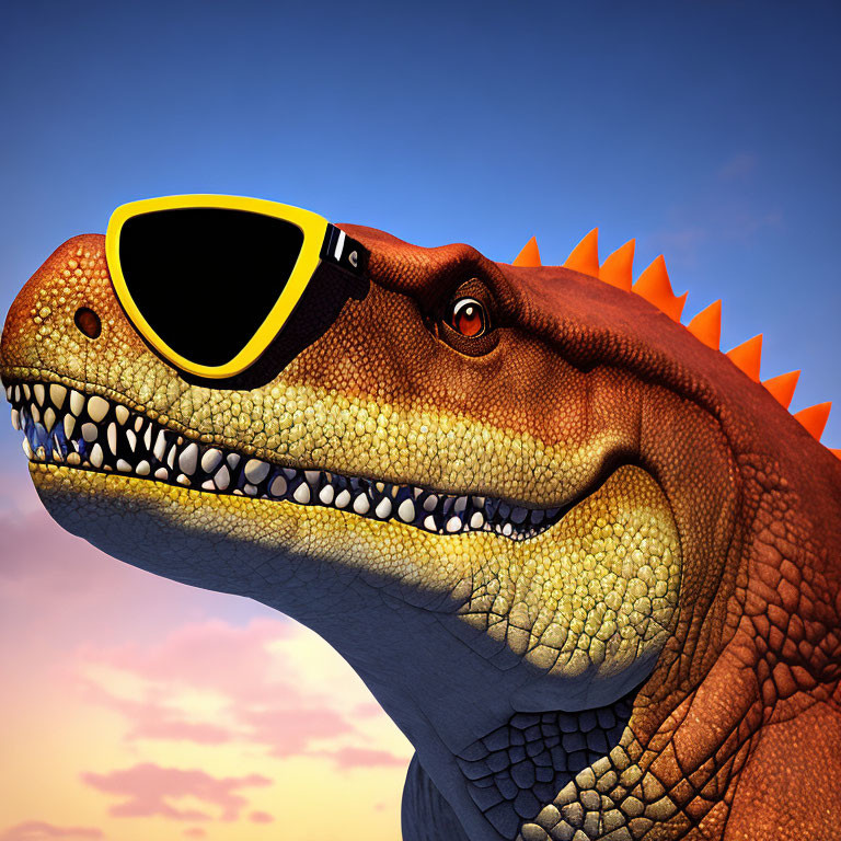 Stylized T-Rex with sunglasses on sunset sky backdrop