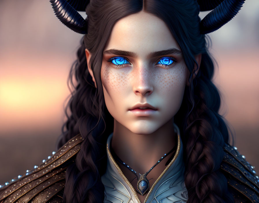 Fantasy female character with blue eyes, horned headpiece, and detailed armor