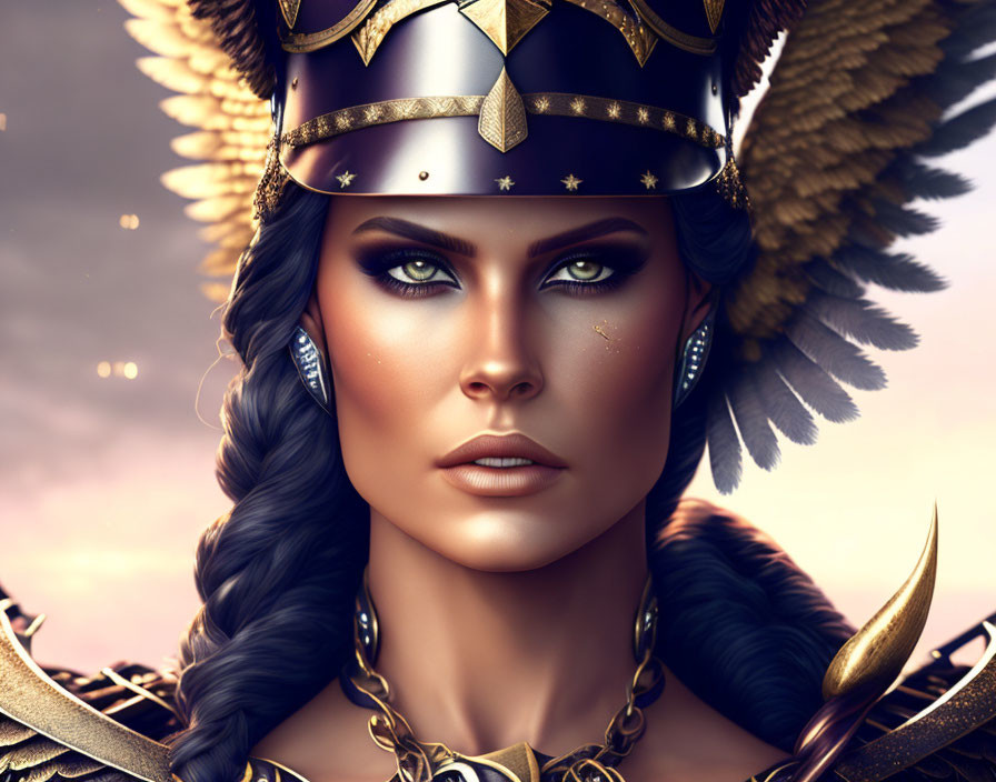 Regal woman with green eyes in golden helmet and armor