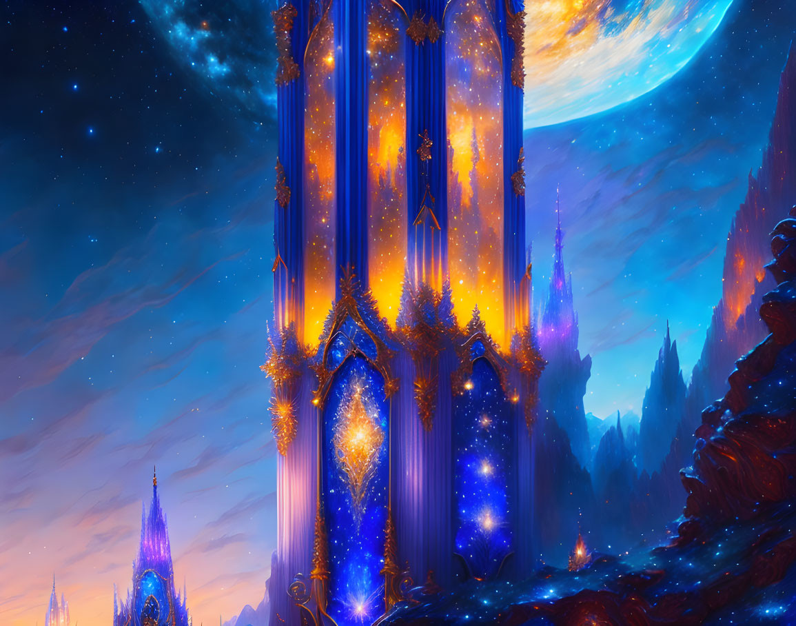 Glowing castle in fantasy landscape under crescent moon