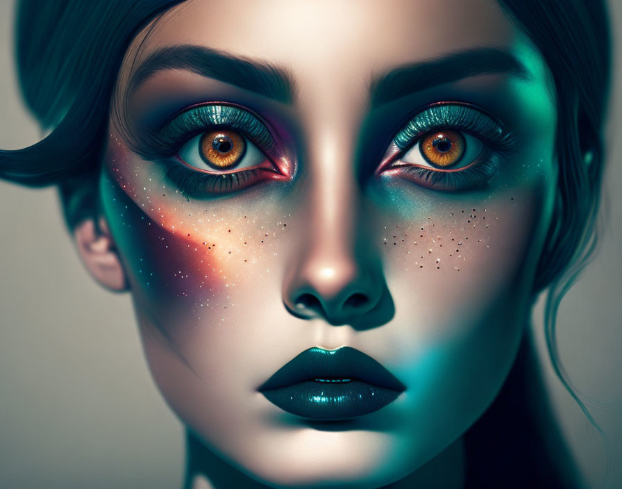 Galaxy-themed makeup on woman's face with stars and vibrant colors