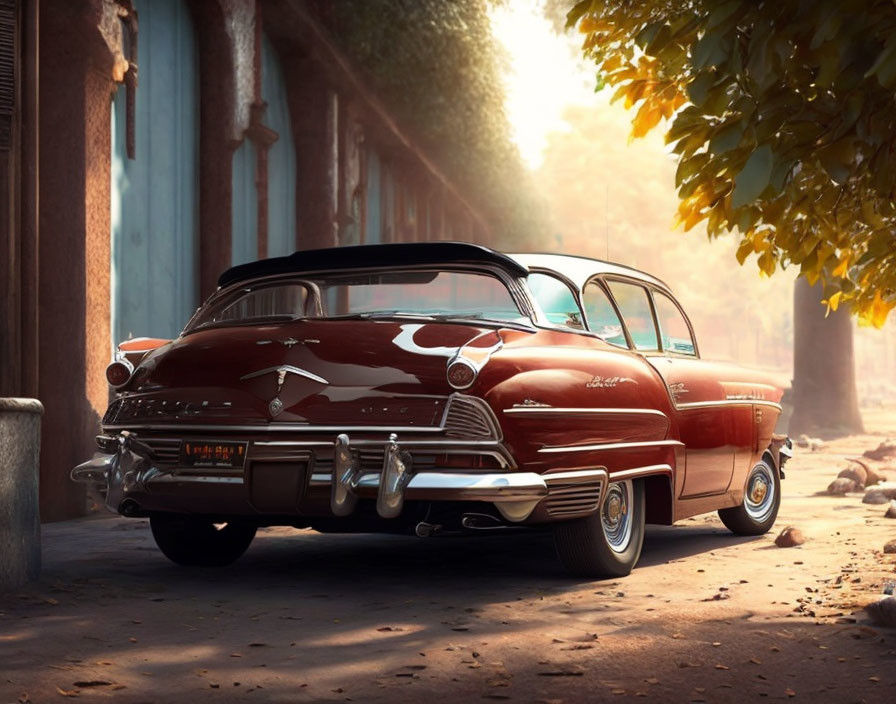 Vintage Red Car Parked on Tranquil Street with Sunlight Filtering Through Trees