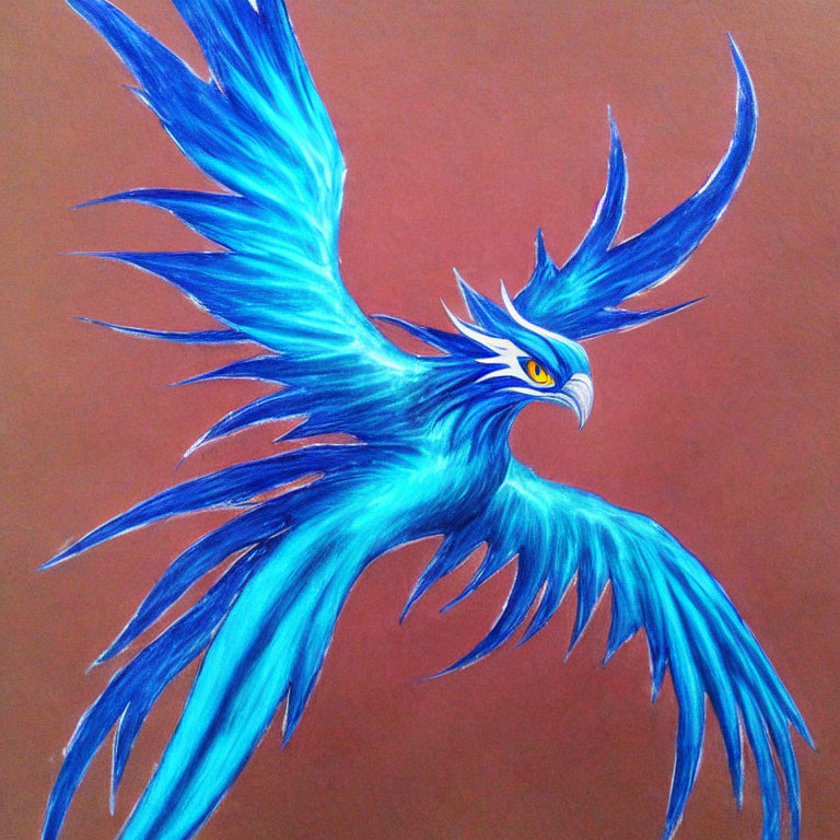 Detailed mythical bird drawing in vibrant blue and teal