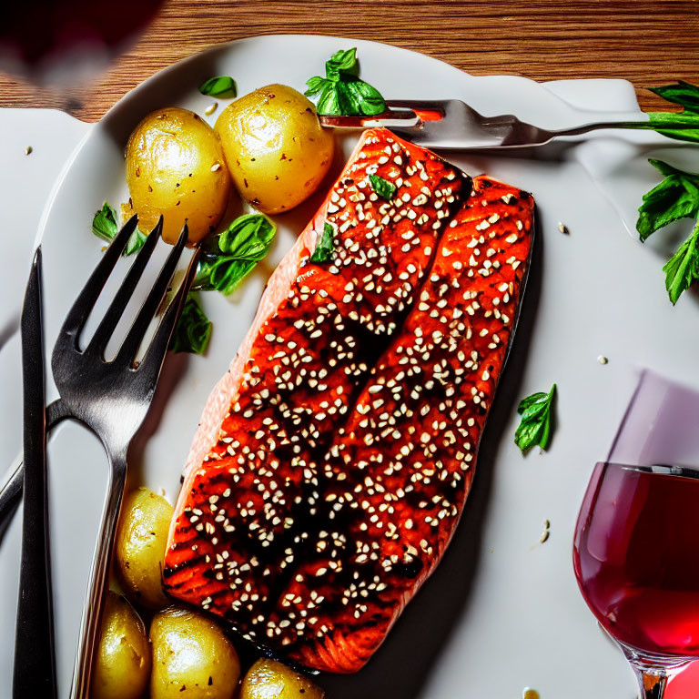 Grilled Salmon with Sesame Seeds, Baby Potatoes, Red Wine, and Fresh Basil Displayed