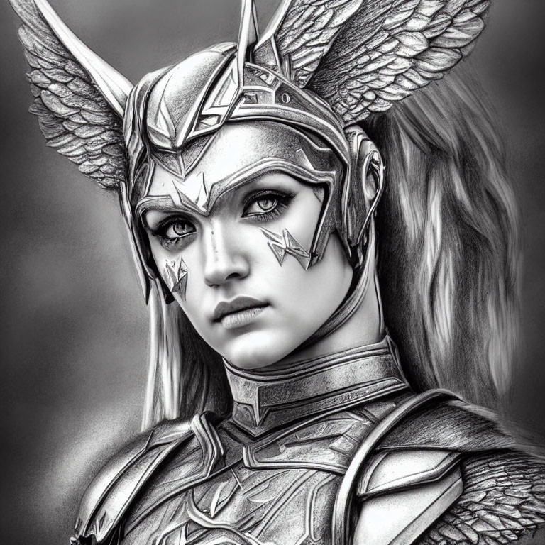 Monochrome image of person in ornate winged helmet with star adornments